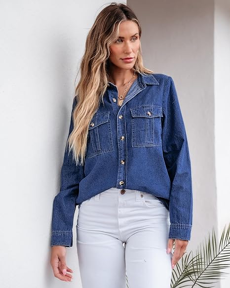 Grapent Women's Supima Cotton Wrinkle-free Relaxed Fit  Button Shirt Workwear-inspired Denim Shirt