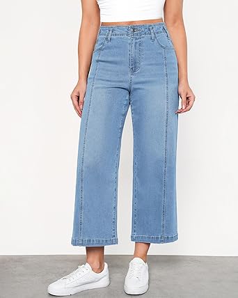 GRAPENT Wide Leg Jeans Woman Trendy Cropped High Waisted Front Seam Casual Stretchy Denim Trouser Jeans with Pockets