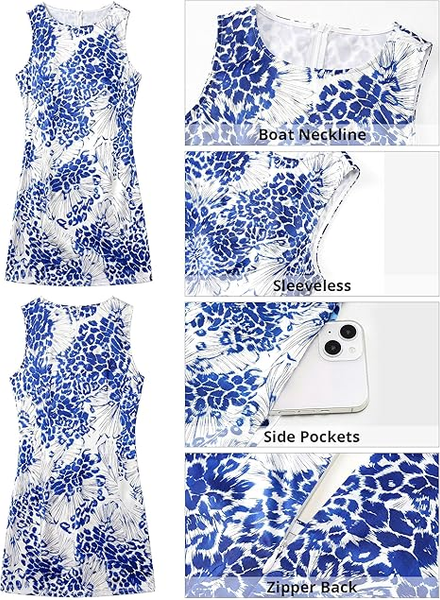 GRAPENT Satin Dress for Women Summer Casual Sleeveless Tank Zip Printed 2026 Cocktail Short Mini Dresses with Pockets