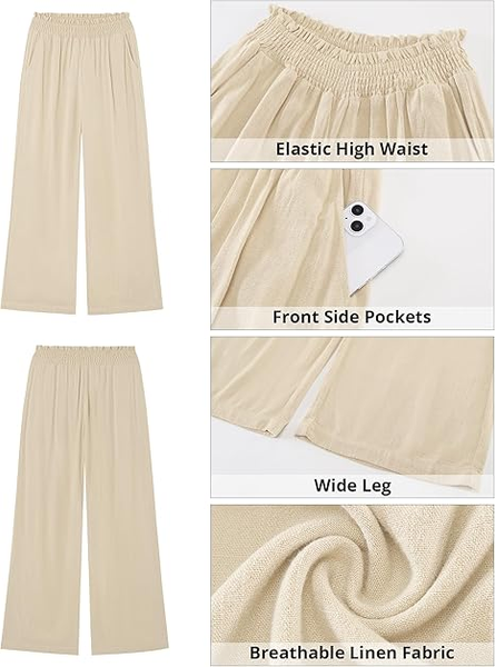 GRAPENT Linen Pants for Women Wide Leg High Waisted Paper Bag Smocked Waist Casual Summer Beach Vacation Palazzo Pants