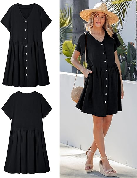 GRAPENT Linen Dresses for Women Casual Summer Babydoll Button Down Short Sleeve V Neck Above Knee Dress with Pockets