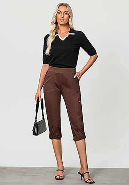 GRAPENT Capri Cargo Pants for Women High Waisted Pull On Elastic Waist Stretch Twill Fold Hem Capris Pants with Pockets