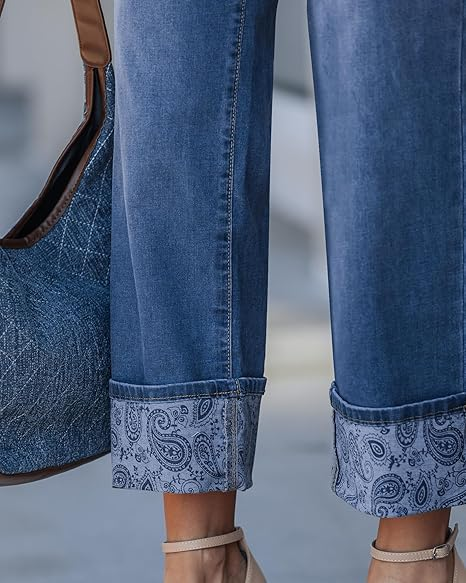 Grapent Women's High Waisted Cropped Wide Leg Jeans Trendy Printed Design Fold Hem Loose Straight Leg Stretchy Denim Pants Casual Daily Fashion Trousers