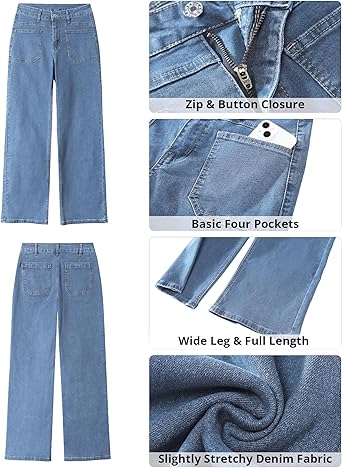 GRAPENT Wide Leg Jeans for Women Trendy High Waisted Loose Straight Leg Stretchy Retro Denim Pants with Pouch Pockets