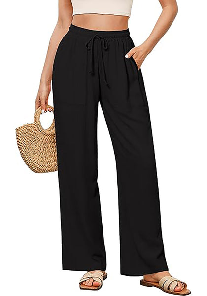 GRAPENT Linen Pants for Women Wide Leg High Waisted Baggy Drawstring Elastic Waist Palazzo Trousers Pants with Pockets
