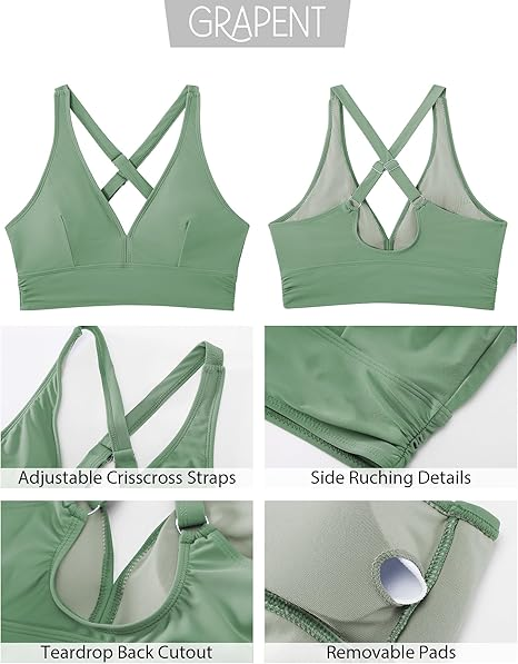 GRAPENT Bikini Top for Women V Neck Ruched Criss Cross Padded Beach Vacation Bathing Suit Modest Cute Swim Suit Top Only