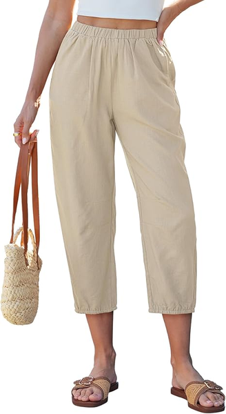 GRAPENT Capri Pants for Women Linen Barrel High Waisted Pull On Elastic Waist Casual Summer Capris Beach Vacation Pants