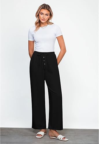 GRAPENT Linen Wide Leg Pants Woman High Waisted Pull On Button Drawstring Baggy Casual Summer Palazzo Pants with Pockets