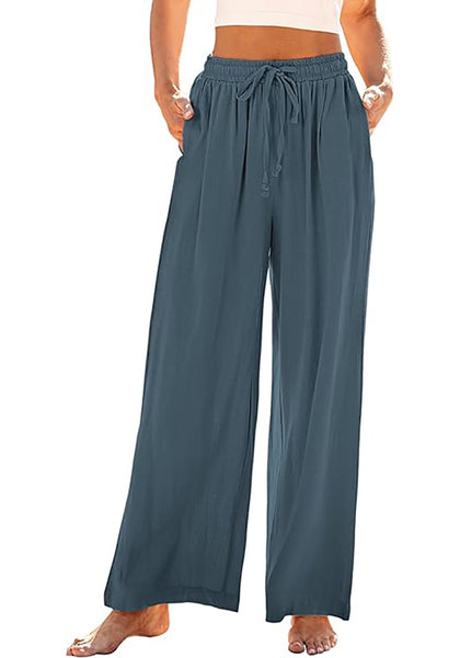 GRAPENT Wide Leg Pants Woman Linen High Waisted Pull On Flowy Casual Baggy Drawstring Palazzo Trousers Pants Resort Wear