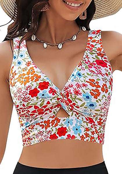 GRAPENT Bikini Tops for Women Cropped Tankini Tops Floral Printed Beach Padded Knot Twist Cut Out Bathing Suit Top Only