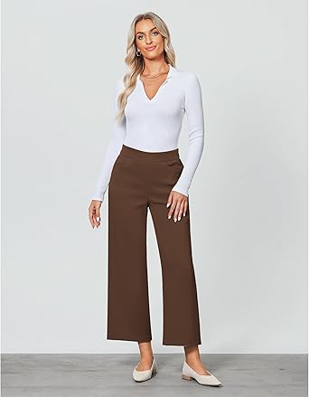 GRAPENT Cropped Pants for Women Trendy Business Casual High Waisted Pull On Wide Leg Stretchy Dress Pants with Pockets