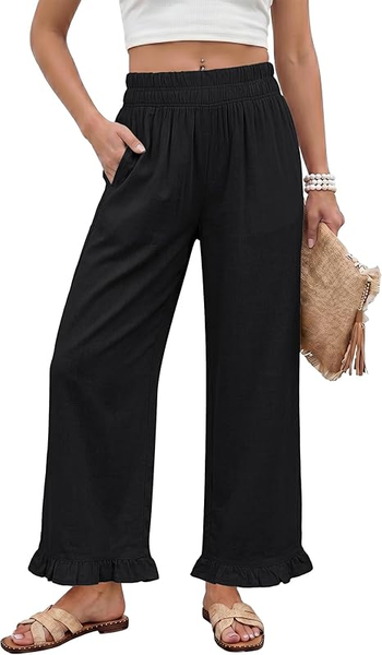 GRAPENT Linen Pants Women Wide Leg Ruffle Hem Pull On High Waisted Elastic Waist Cropped Ankle Casual Beach Summer Pants