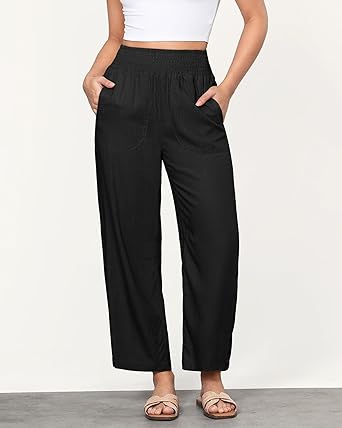 GRAPENT Linen Pants Women Wide Leg High Waisted Cropped Barrel Pull On Smocked Elastic Waist Summer Pants with Pockets
