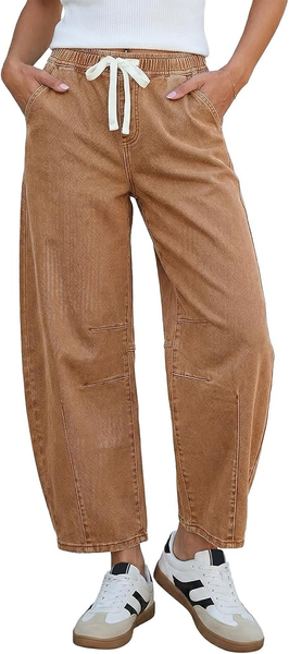 GRAPENT Barrel Jeans for Women Trendy High Waisted Cropped Baggy Wide Leg Pull On Elastic Waist Stretchy Denim Pants