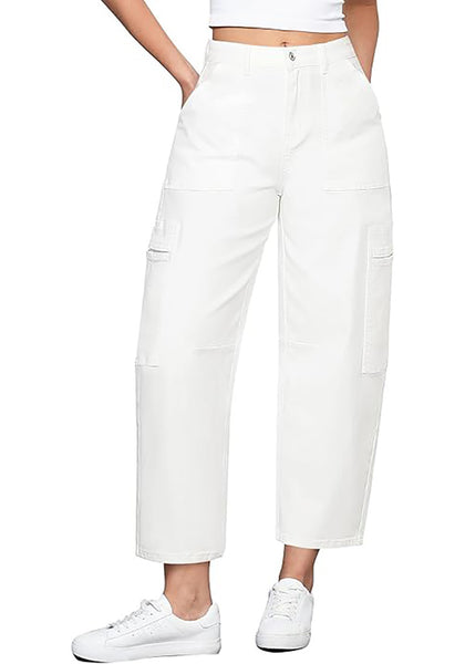 GRAPENT Barrel Jeans for Women Trendy High Waisted Cropped Cargo Pocket Baggy Stretch Denim Pants Wide Leg Tapered Jeans