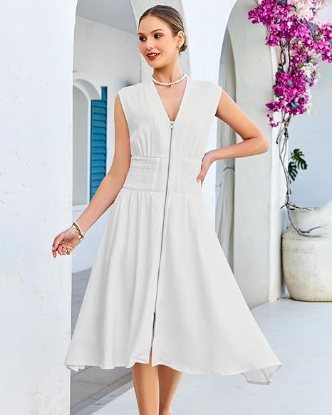 GRAPENT Linen Dresses for Women Summer Casual Flowy V Neck Sleeveless Smocked Zip Beach Vacation Midi Dress with Pockets