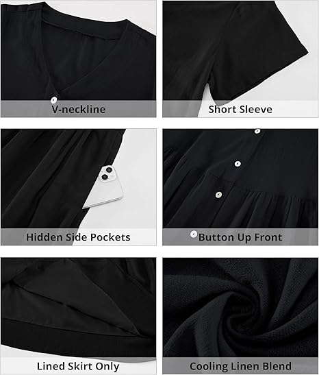 GRAPENT Linen Dresses for Women Casual Summer Babydoll Button Down Short Sleeve V Neck Above Knee Dress with Pockets