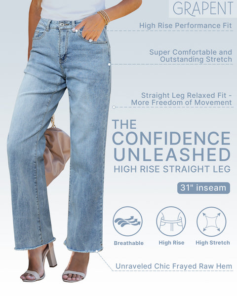 GRAPENT Straight Leg Jeans for Women High Waisted Stretchy Frayed Raw Hem Loose Denim Pants Casual Baggy Jean Trousers