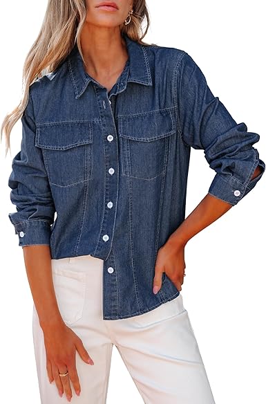 GRAPENT Women's Shirt Rugged Button Down Loose Durable Classic Fitted Denim Blouse Top