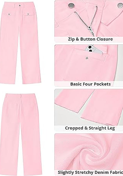 GRAPENT Wide Leg Jeans for Women Trendy High Waisted Straight Leg Cropped Stretchy Denim Pants with Retro Patch Pockets