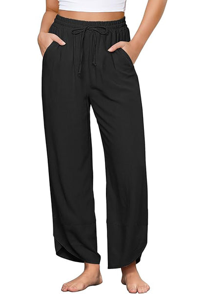 GRAPENT Linen Pants Women High Waisted Wide Leg Casual Beach Pull On Elastic Waist Summer Cropped Pants with Pockets