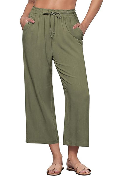 GRAPENT Linen Pants for Women High Waisted Wide Leg Capri Elastic Waist Casual Beach Flowy Cropped Summer Capris Pants
