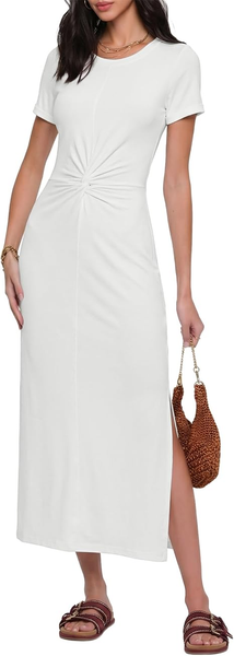 GRAPENT Long Dresses for Women Summer Casual Side Slit Twist Front 2026 Beach Vacation Short Sleeve Comfy Tshirt Dress