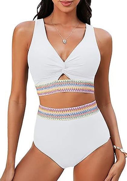 GRAPENT Bikini Sets for Women High Waisted Two Piece Swimsuit Padded Knot Twist Cut Out Color Block Bathing Suit Bikinis
