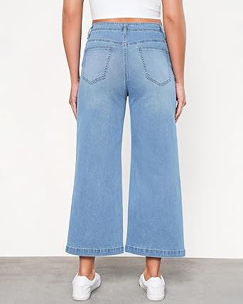 GRAPENT Wide Leg Jeans Woman Trendy Cropped High Waisted Front Seam Casual Stretchy Denim Trouser Jeans with Pockets