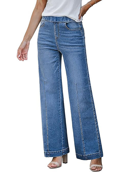 GRAPENT Pull On Womens Jeans Baggy Stretchy High Waisted Denim Wide Leg Trouser Pants Trendy Front Seam 90s Loose Jean