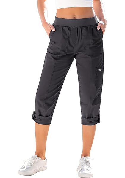 GRAPENT Capri Cargo Pants for Women High Waisted Pull On Elastic Waist Stretch Twill Fold Hem Capris Pants with Pockets