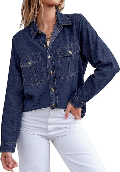 Grapent Women's Supima Cotton Wrinkle-free Relaxed Fit  Button Shirt Workwear-inspired Denim Shirt