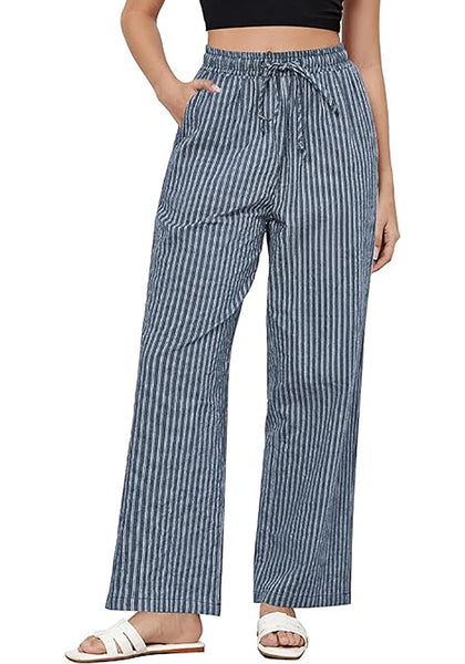 GRAPENT Striped Pants for Women High Waisted Wide Leg Cotton Linen Trendy Beach Pull on Elastic Waist Casual Flowy Pants
