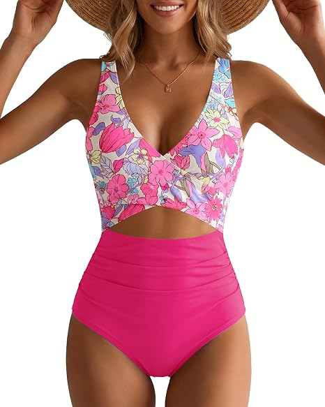 GPAPENT StrapCore One Piece Swimsuit Women V Neck Cross Front Cut Out Printed Color Block Ruched High Waisted Bathing Suits Swimwear