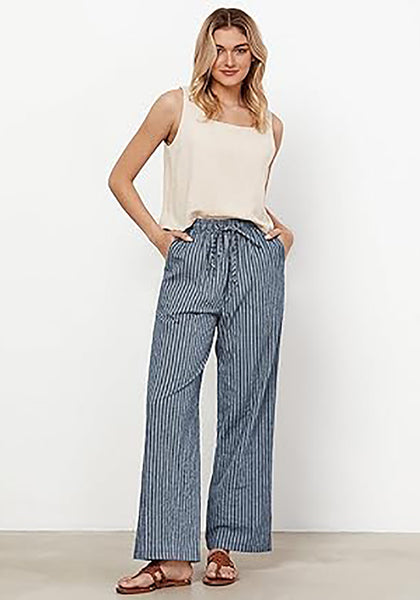 GRAPENT Striped Pants for Women High Waisted Wide Leg Cotton Linen Trendy Beach Pull on Elastic Waist Casual Flowy Pants