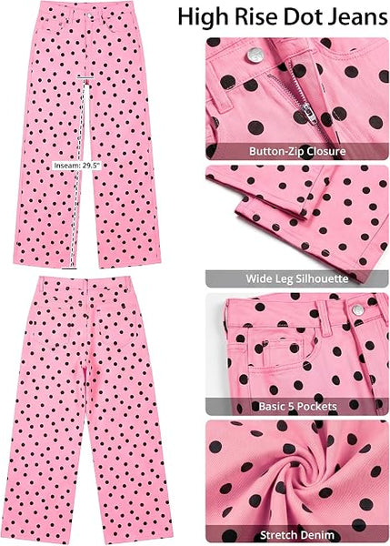 GRAPENT Wide Leg Jeans for Women High Waisted Polka Dot Stretch Denim Pants | Polka Dot, 90s Baggy Straight, High Rise, 29.5 Inch Inseam, Stretchy Jean Pants, Classic 5 Pockets, Business Casual Outfits