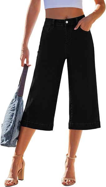 GRAPENT Capri Jeans for Women Wide Leg Trendy High Waisted Side Seam Stretchy Denim Capris Pants Summer Casual Jeans