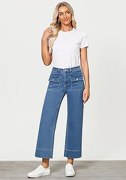 GRAPENT Wide Leg Jeans for Women Trendy High Waisted Straight Leg Cropped Stretchy Denim Pants with Retro Patch Pockets