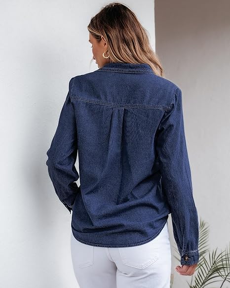 Grapent Women's Supima Cotton Wrinkle-free Relaxed Fit  Button Shirt Workwear-inspired Denim Shirt