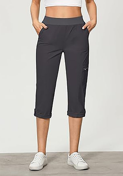 GRAPENT Capri Cargo Pants for Women High Waisted Pull On Elastic Waist Stretch Twill Fold Hem Capris Pants with Pockets