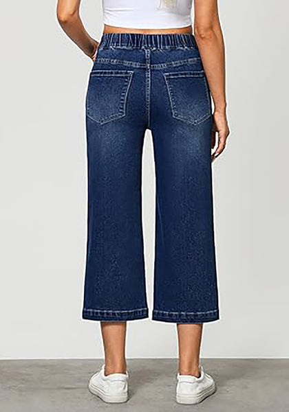 GRAPENT Capri Jeans for Women Wide Leg High Waisted Effortless Flow Pull On Stretchy Denim Elastic Waist Pants with Pockets