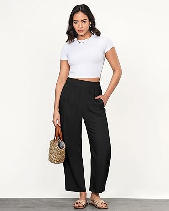 GRAPENT Linen Pants Women Wide Leg High Waisted Cropped Barrel Pull On Smocked Elastic Waist Summer Pants with Pockets