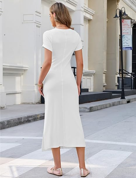 GRAPENT Long Dresses for Women Summer Casual Side Slit Twist Front 2026 Beach Vacation Short Sleeve Comfy Tshirt Dress