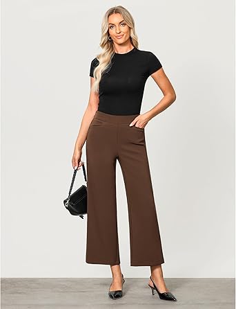 GRAPENT Cropped Pants for Women Trendy Business Casual High Waisted Pull On Wide Leg Stretchy Dress Pants with Pockets