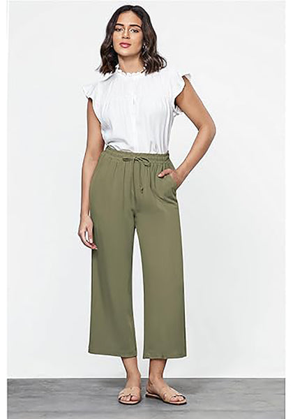 GRAPENT Linen Pants for Women High Waisted Wide Leg Capri Elastic Waist Casual Beach Flowy Cropped Summer Capris Pants