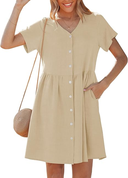 GRAPENT Linen Dresses for Women Casual Summer Babydoll Button Down Short Sleeve V Neck Above Knee Dress with Pockets