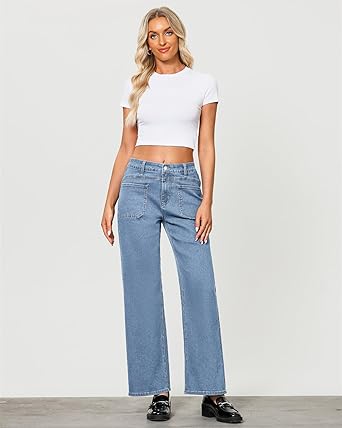 GRAPENT Wide Leg Jeans for Women Trendy High Waisted Loose Straight Leg Stretchy Retro Denim Pants with Pouch Pockets