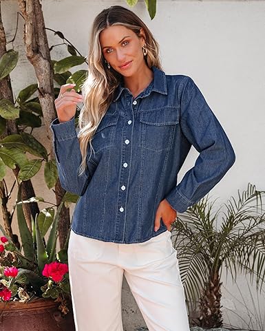 GRAPENT Women's Shirt Rugged Button Down Loose Durable Classic Fitted Denim Blouse Top