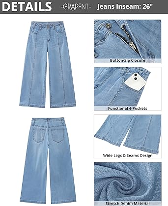 GRAPENT Wide Leg Jeans Woman Trendy Cropped High Waisted Front Seam Casual Stretchy Denim Trouser Jeans with Pockets