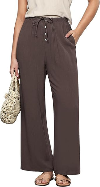 GRAPENT Linen Wide Leg Pants Woman High Waisted Pull On Button Drawstring Baggy Casual Summer Palazzo Pants with Pockets